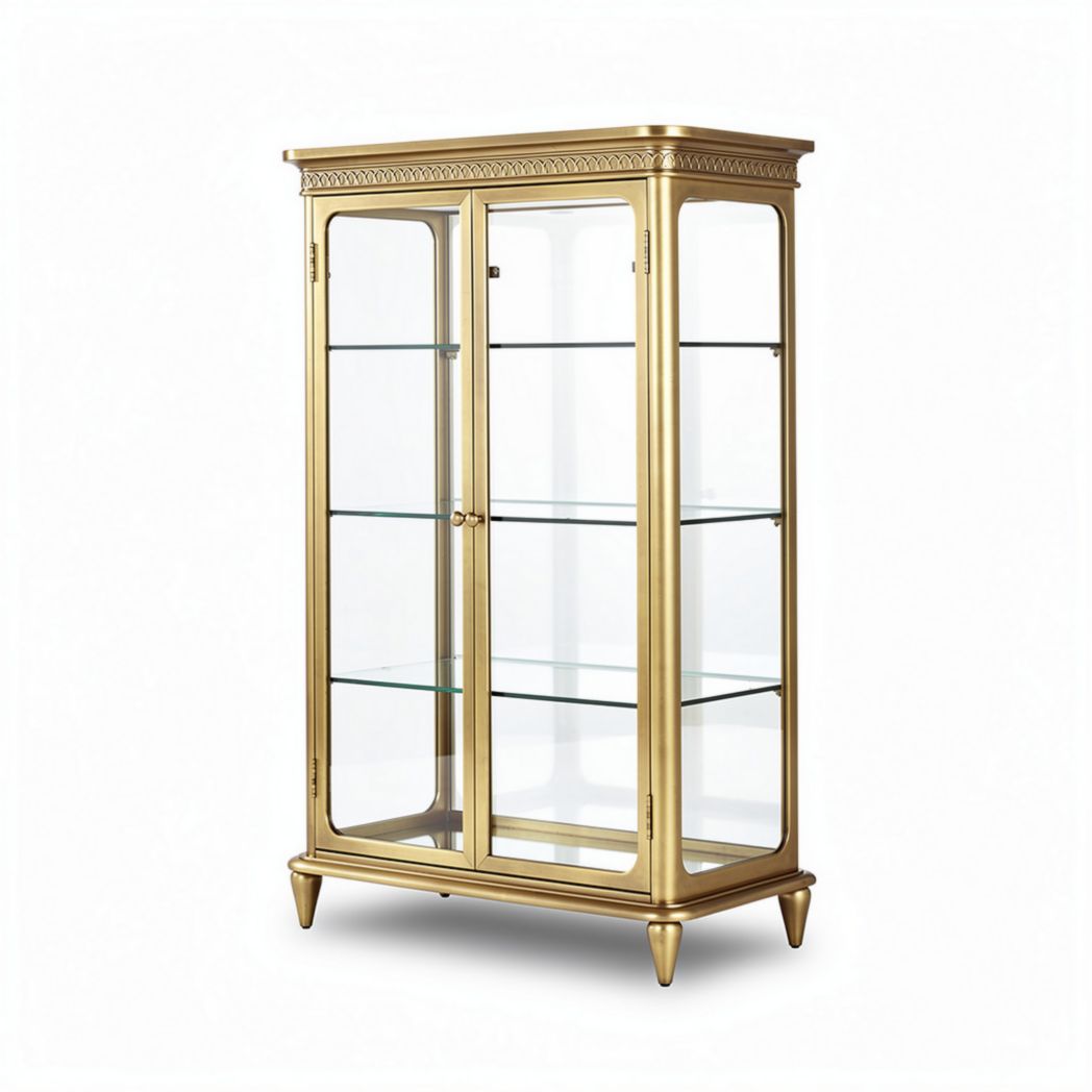 Glass display cabinet with gold finish and four adjustable shelves 80 x 40 x 160cm
