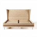 Upholstered king size bed frame with wooden slats and metal legs