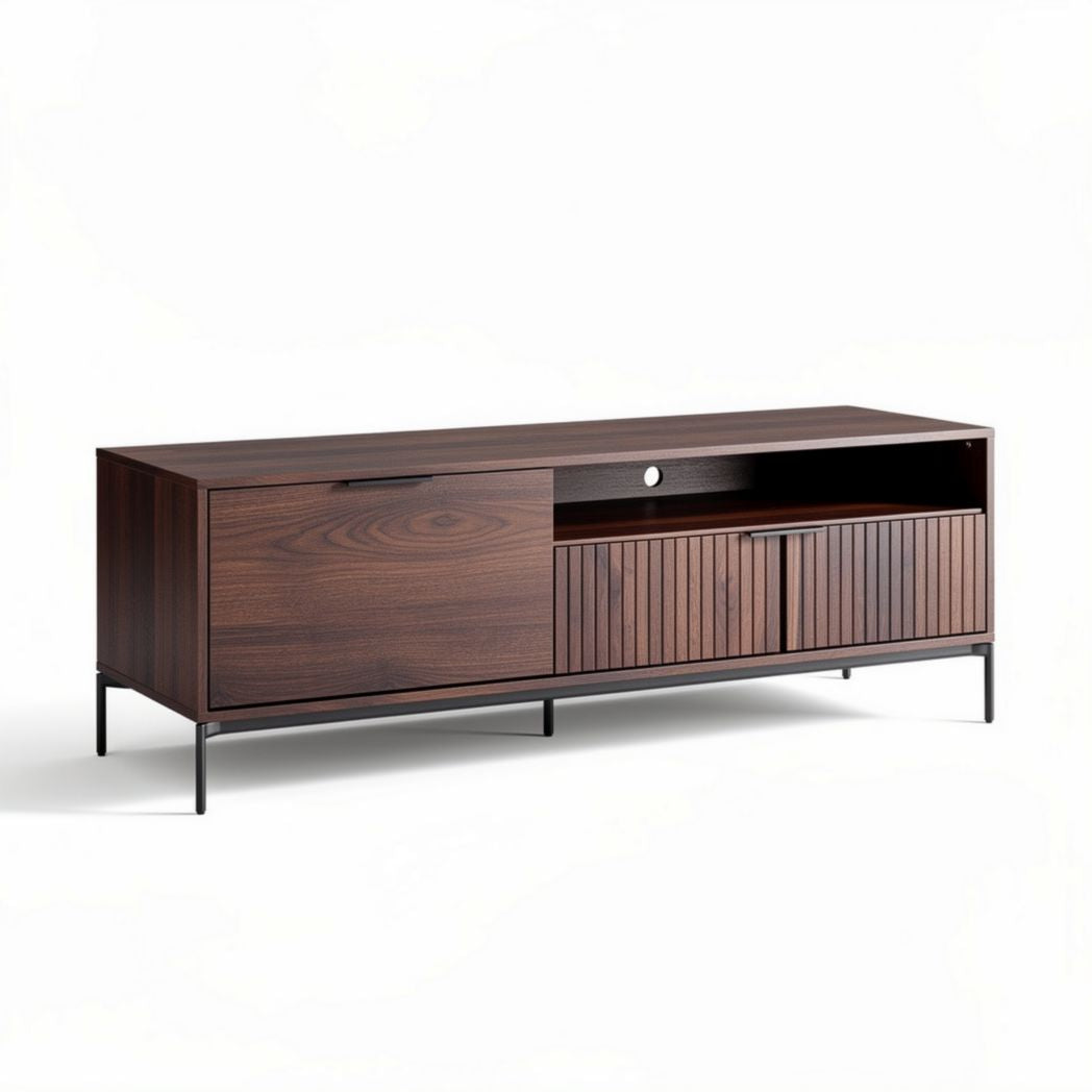 Modern wooden TV stand with open shelving and storage drawers 150 x 40 x 50cm