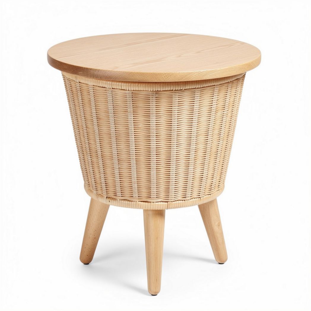 Woven rattan side table with round wooden top for living room use 40 x 40 x 45cm