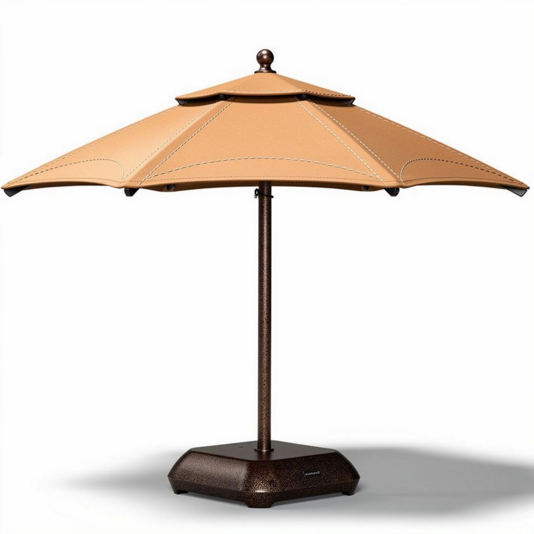 Outdoor patio umbrella with tan fabric and steel frame 8 feet diameter