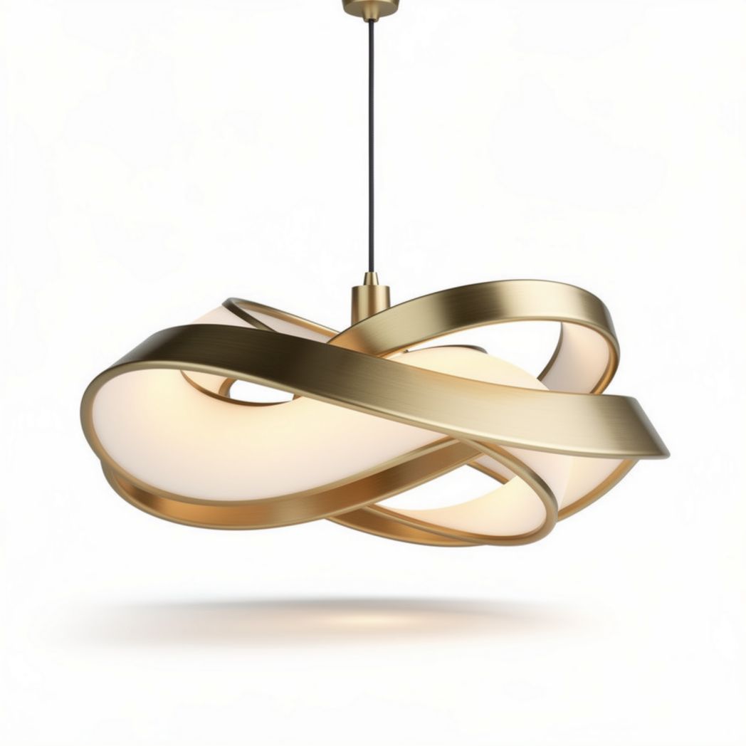 Modern gold metal pendant light fixture with abstract design and white glass shade