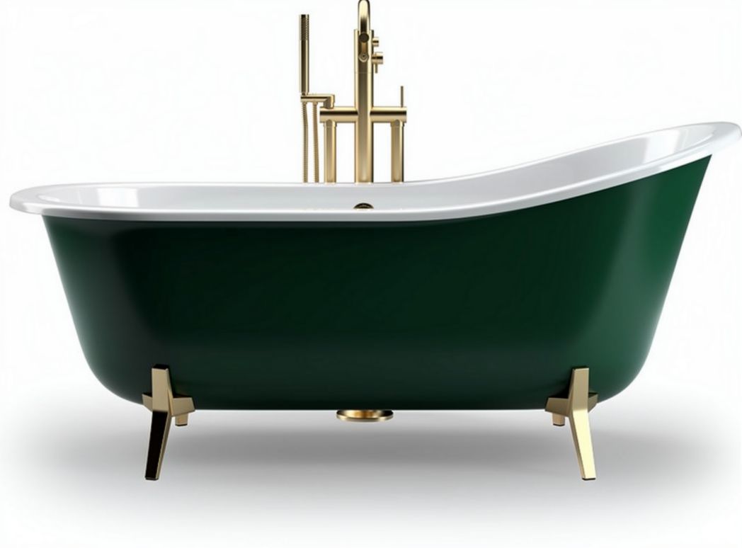 Freestanding green bathtub with gold finish faucet and ergonomic design
