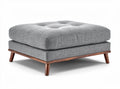 Gray upholstered ottoman with wood legs measuring 80 x 80 x 40cm