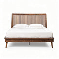 Mid-century modern wooden bed frame with slatted headboard in walnut finish