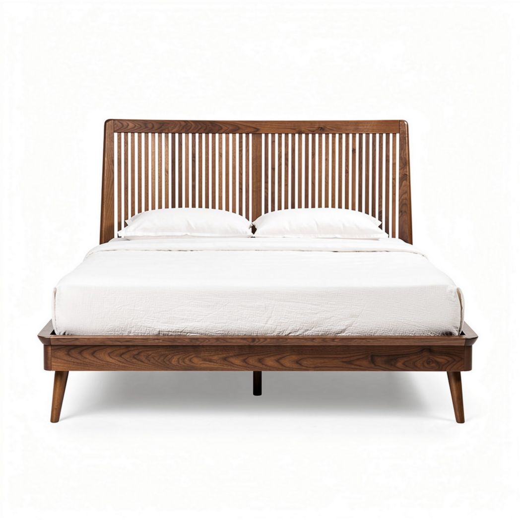Mid-century modern wooden bed frame with slatted headboard in walnut finish